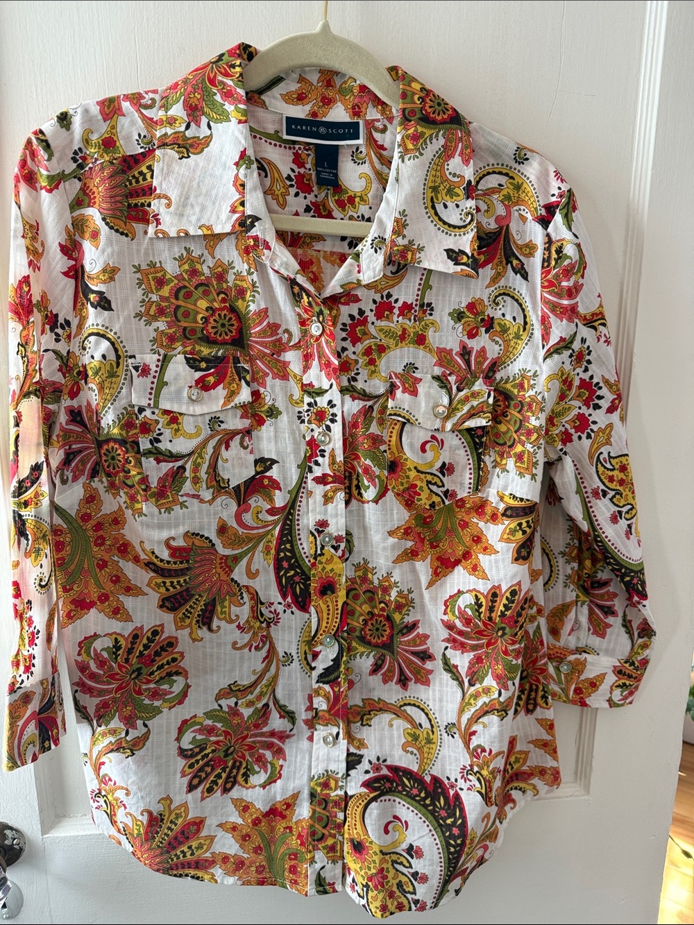 Karen Scott White Button-Down Shirt with Red & Yellow Paisley Print